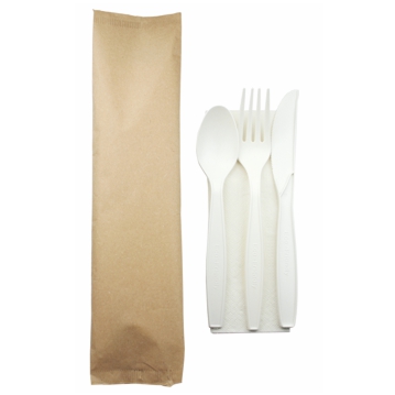Conjunto Garfo + Faca + Colher Biodegradvel e Compostvel em Milho + Guardanapo 500un
